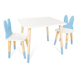 Conjunto Infantil Mesa E Cadeira De Madeira Coelho Azul