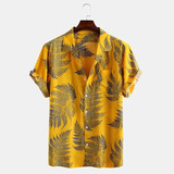 Camisa Casual Hawaiana De Manga Corta Con Estampado De Hojas
