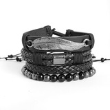 Kit Pulseiras Masculinas Couro Preto Combo Pena Tribal Black