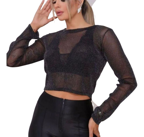 Cropped Tule Brilho Blusinha Manga Longa Festa Frio - Vick