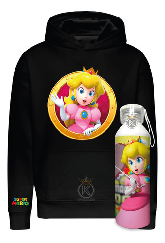 Poleron Princesa Peach + Botella En Aluminio - Mario Bros - Videojuegos - Nintendo - Reino Champiñón - Estampaking