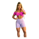 Macaquinho Suspensório Top Pink Short Lilás Academia Treino