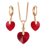 Juego Aretes + Dije De Corazón Cristales Swarovski En Oro Laminado 18k