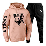 Conjunto Moletom Abrigo Luta Muay Thai Blusa Bege + Calça 