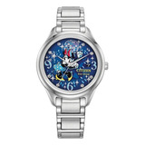 Reloj Citizen Dancing Minnie Disney Original Dama E-watch Color De La Correa Plateado Color Del Bisel Plateado Color Del Fondo Azul