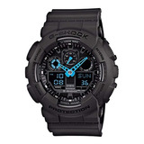 Reloj Pulsera Casio G-shock Ga100 De Cuerpo Color Negro, Analógico-digital, Para Hombre, Fondo Negro, Con Correa De Resina Color Negro, Agujas Color Celeste, Dial Gris, Subesferas Color Negro, Minuter