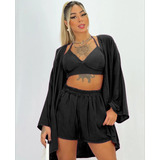 Conjunto Moda Kimono 3 Peças Short E Cropped C/bojo Duna 