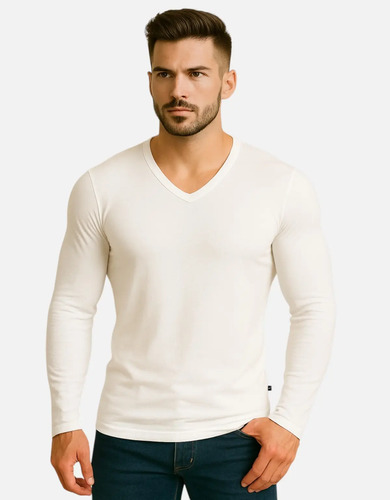 Camiseta Básica Gola V Rasa Masculina Viscolycra Manga Longa