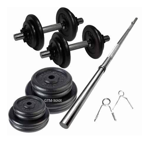 Set Barra 1.50 Mts Maciza + 2 Mancuernas + 40 Kg En Discos