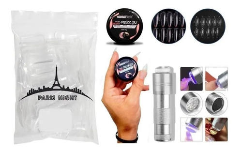 Kit Soft Gel 50 Tips Paris Night + Gel Solido + Linterna Uv