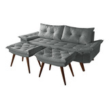 Sofa Bariloche 3 Lugares + Banquetas Couro Sintetico Cor Cinza