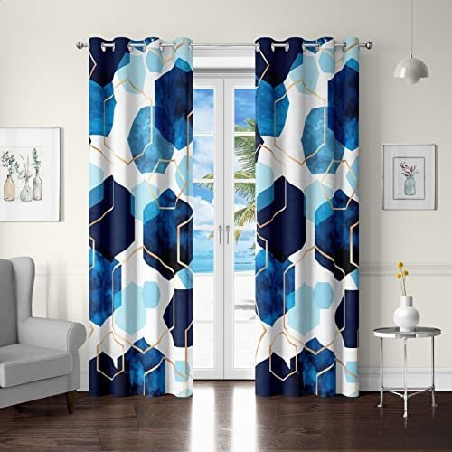 Cortinas Geométricas Modernas Azul Marino Con Estampado De M