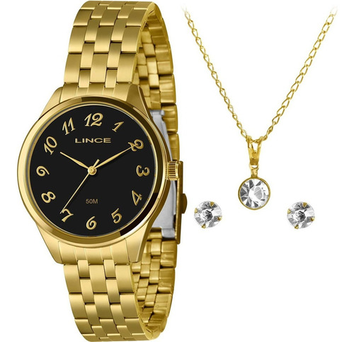 Kit Relógio Lince Feminino Dourado Fashion C/colar E Brincos Cor Do Fundo Preto