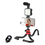 Kit Vloggins Para Smartphone Tripode Flexible Luz Microfono