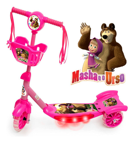 Patinete Masha E O Urso 3 Rodas Infantil Luz E Musica Cesta 