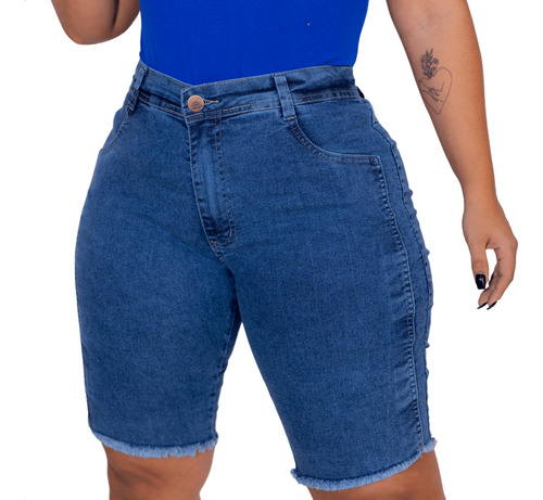 Bermuda Jeans Feminina Plus Size Com Lycra Cintura Alta