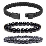 Kit 3 Pulseiras Masculinas Couro Hematita Bolinha Preta