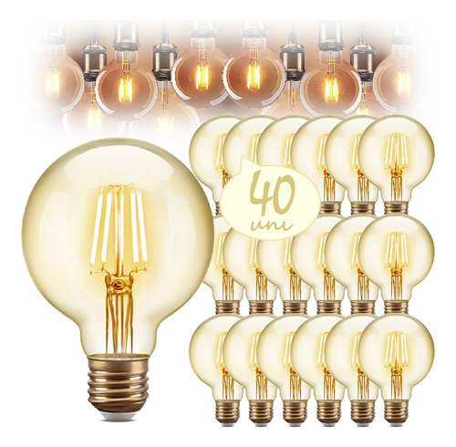 Kit 40 Lâmpada Led Filamento Globo Grande Vintage Retrô G80