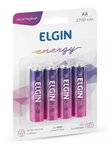 Pilha Aa Recarregável Elgin Energy 2700 Mah 4 Pilhas Blister