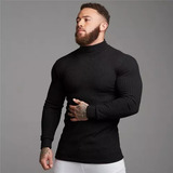 Cacharrel Blusa Tricot Lã Masculina Canelada Gola Alta 