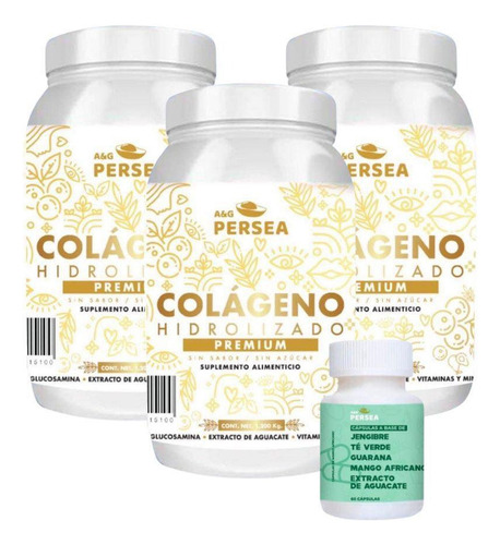 Pack 3 Colageno Premium A&g Persea 1.2 Kg, Sin Sabor 