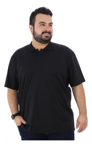 Camisa Polo Plus Size Masculina Básica Com Bolso Preta