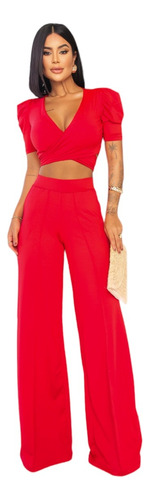 Conjunto Feminino Cropped E Calça Pantalona Cintura Alta