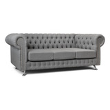 Sillón Chester 3 Cuerpos Chesterfield Tapizado Lino Color Gris Claro