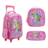 Kit Mochila Unicórnio Escolar Rodinha Infantil Menina