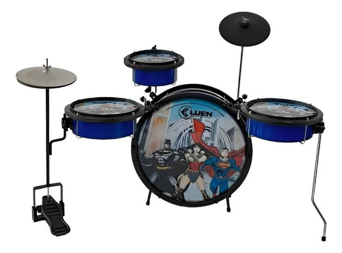 Bateria Infatil Luen Warner Bros Heroes Pedal Banco Baqueta Cor Liga Da Justiça