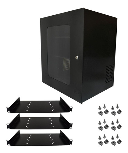 Rack Organizador 12u Com 3 Bandejas E Visor Acrílico