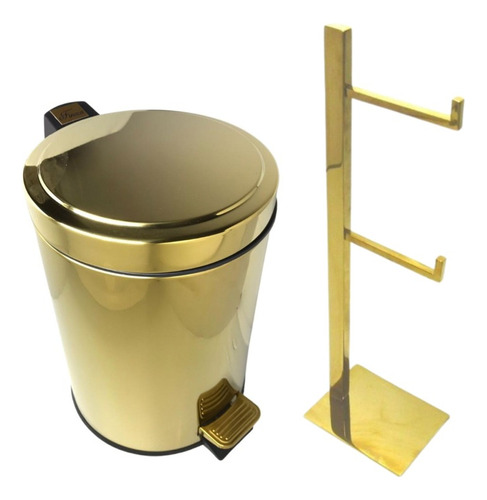 Kit Banheiro Inox Dourado Lixeira 5l E Porta Papel Higiênico