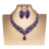 Luxuoso Conjunto Colar Brinco Strass Festa Prateado Azul