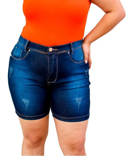 Roupa Bermuda Jeans Feminina Meia Coxa Cos Alto Com Elastano