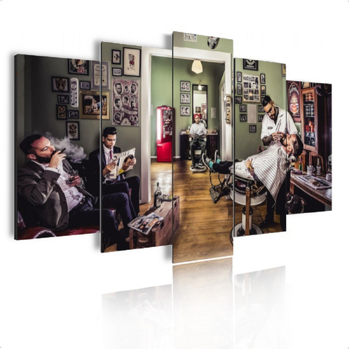 Quadro Decorativo Barbearia Mosaico 5pç Grande 105x60 Oferta