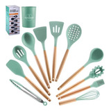 12 Utensilios Set De Cocina Mango Madera Punta Silicona 