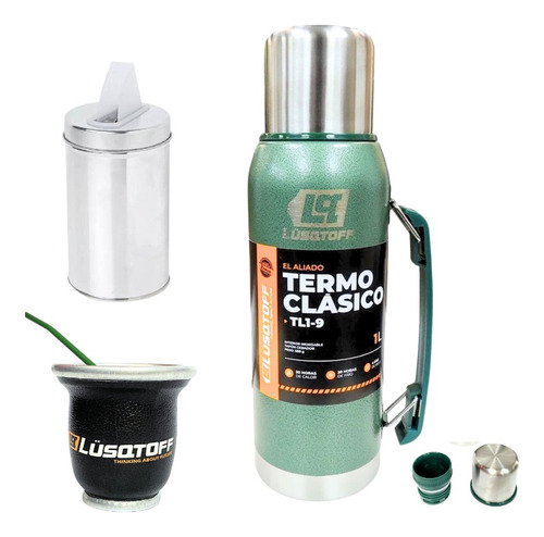 Termo Acero Inoxidable Verde Lusqtoff 1 Lt  + Mate + Yerbera