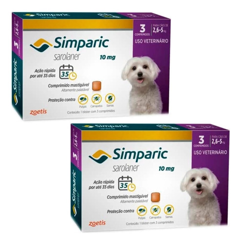 02 Antipulgas Simparic 10mg - Cães 2,6 A 5kg 3 Comprimidos