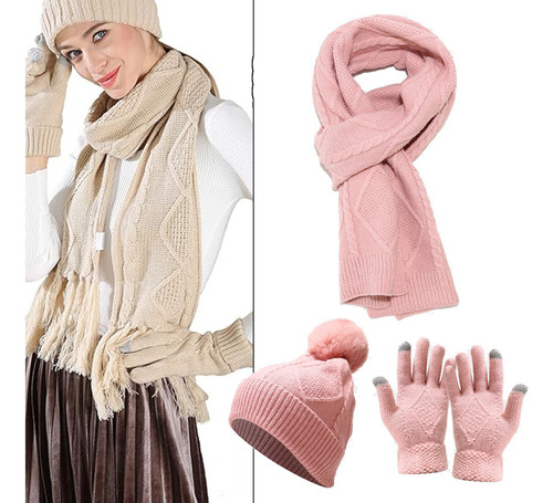 Conjunto De Invierno: Gorro, Guantes, Bufanda, Para Mujer Y