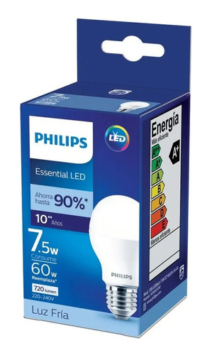 Pack 6 Lamparas Philips Led 7.5w = 60w E27 Fria Vu 10.000hs