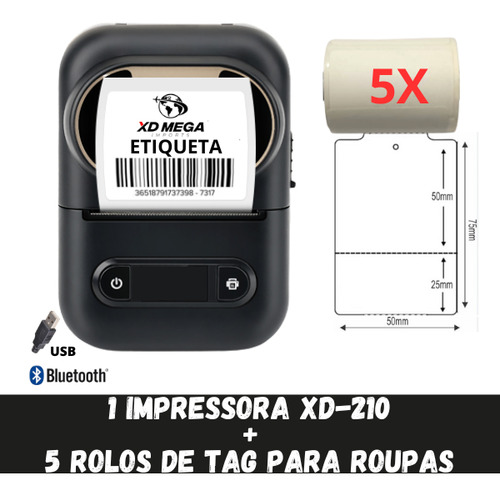 Impressora Bluetooth Xd-210 + 5 Rolo Etiqueta Tag Para Roupa