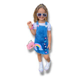 Jardineira  Luxo Arco-íris Jeans Infantil Vestido Menina Ful