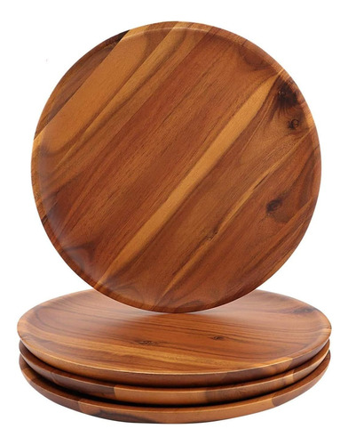 Platos Llanos De Madera De Acacia, Juego De Platos Redondos 