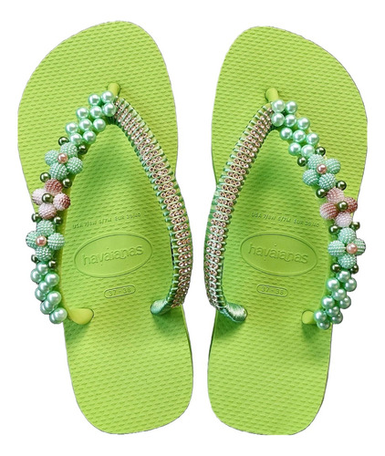 Chinelo Havaianas Top Verde Limão Decorada C/ Perolas Strass