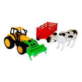 Set Granja Tractor Con Acoplado Y Vaca Juguete Niños