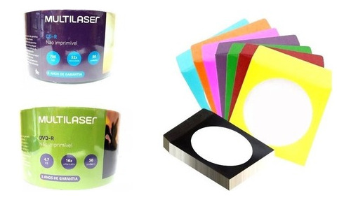 100 Cd-r + 100 Dvd-r Multilaser + 200 Envelopes Papel