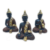 Trio De Budas Tailandeses Meditando Yoga Preto Marrom 12 Cm