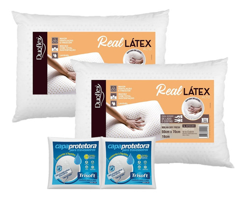 Kit 2 Travesseiros Real Látex Alto 50x70cm Duoflex E 2 Capas