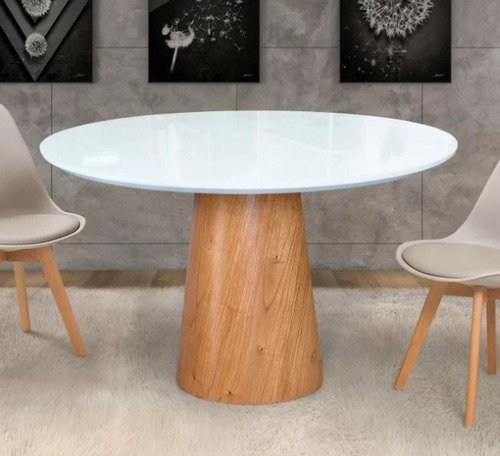 Mesa Jantar Cone Madeira Tampo Laca/ Vidro 90cm Diâmetro