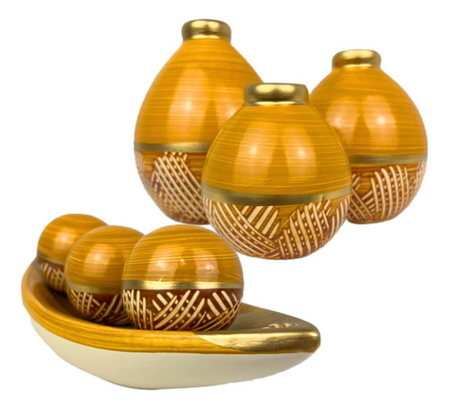 Conjunto Enfeite Sala Ceramica Centro Mesa Decorativo Cores Cor Moringa Mostarda Dourado